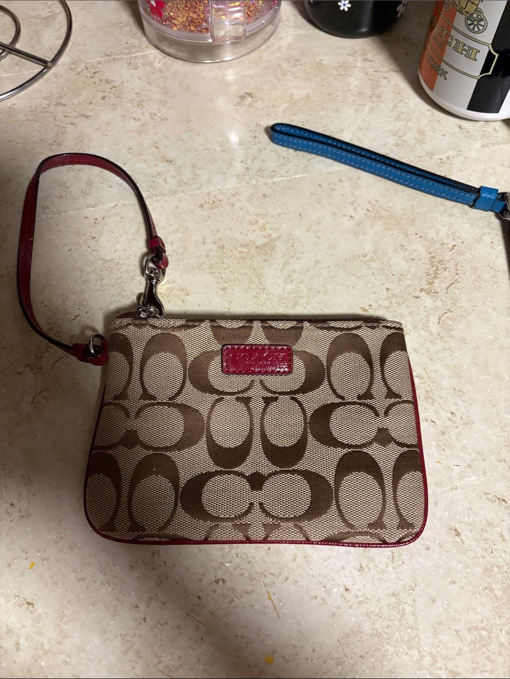 Coach Beige/Brown Signature Canvas Wristlet with Red Trim